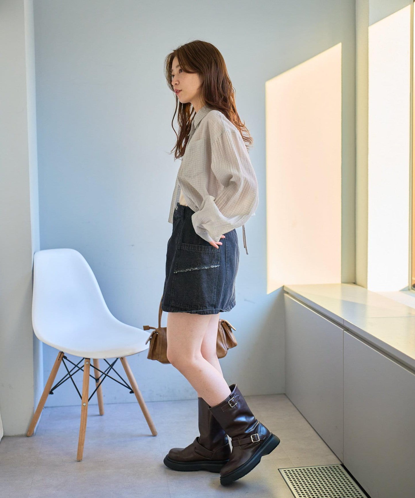 格紋後蝴蝶結襯衫