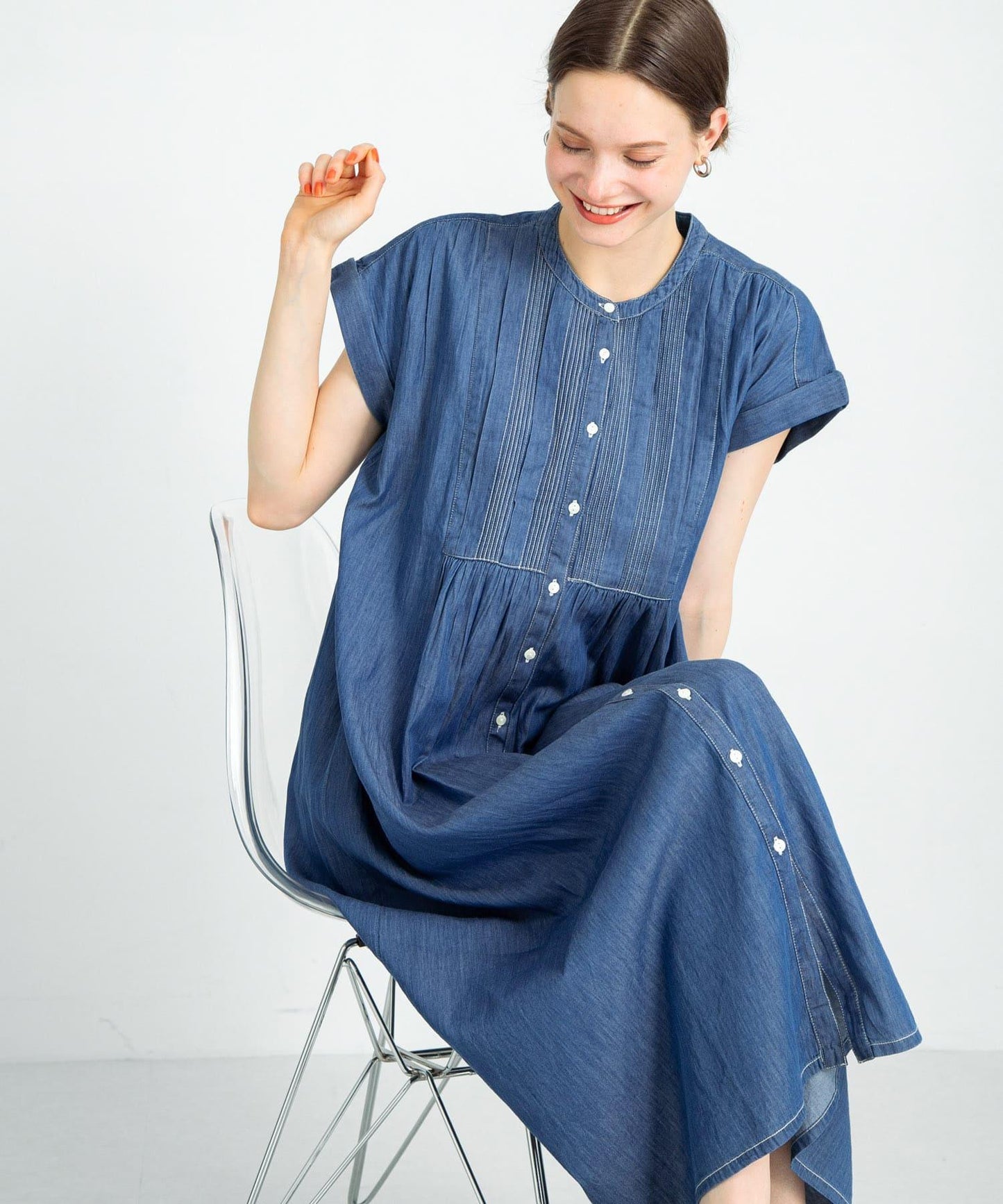 牛仔壓褶拼接法式連衣裙