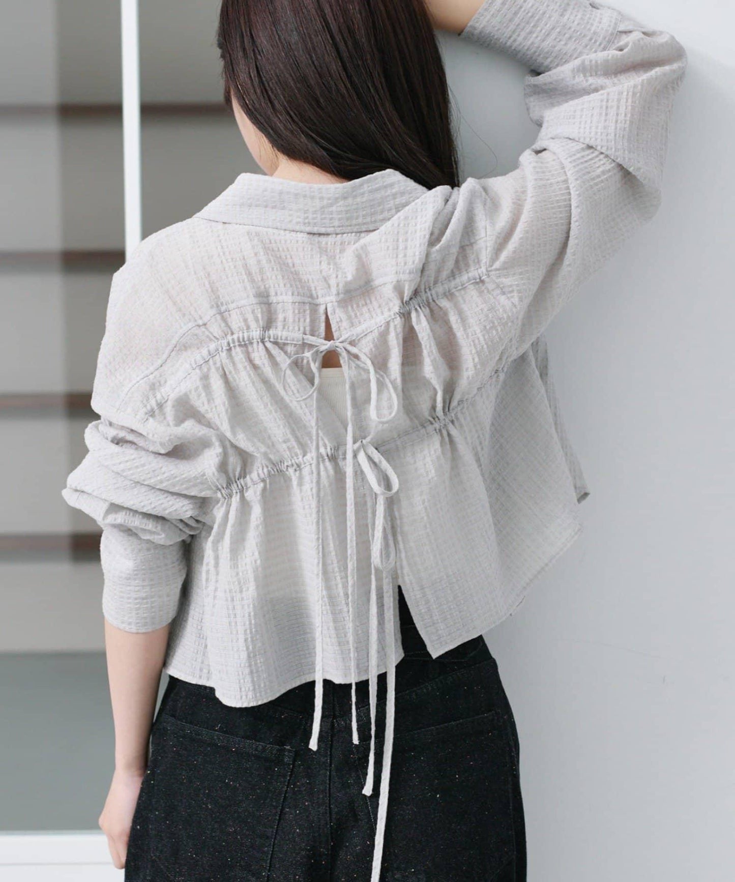 格紋後蝴蝶結襯衫