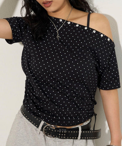 混搭 鉚釘露肩短袖上衣