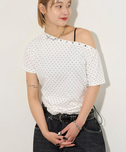 混搭 鉚釘露肩短袖上衣