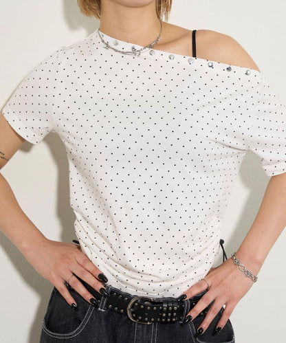 混搭 鉚釘露肩短袖上衣