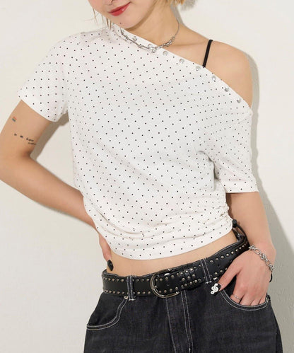 混搭 鉚釘露肩短袖上衣