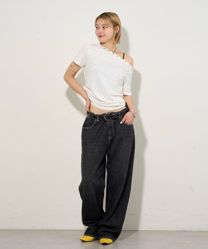 混搭 鉚釘露肩短袖上衣