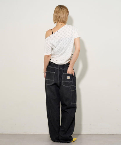 混搭 鉚釘露肩短袖上衣