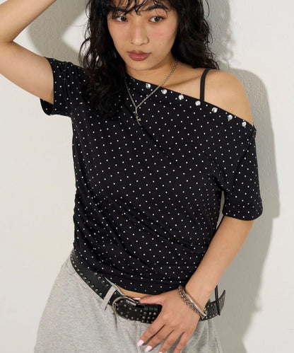 混搭 鉚釘露肩短袖上衣