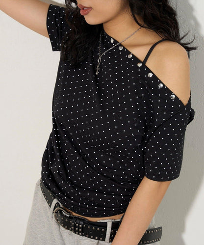 混搭 鉚釘露肩短袖上衣