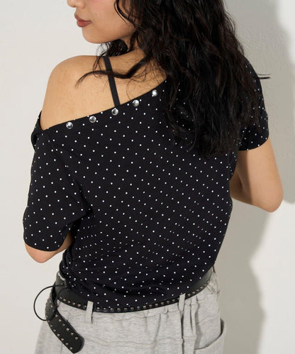 混搭 鉚釘露肩短袖上衣