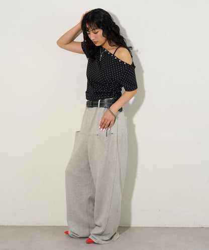 混搭 鉚釘露肩短袖上衣