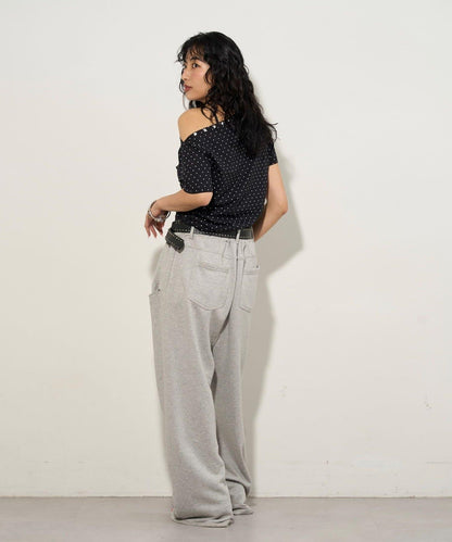 混搭 鉚釘露肩短袖上衣