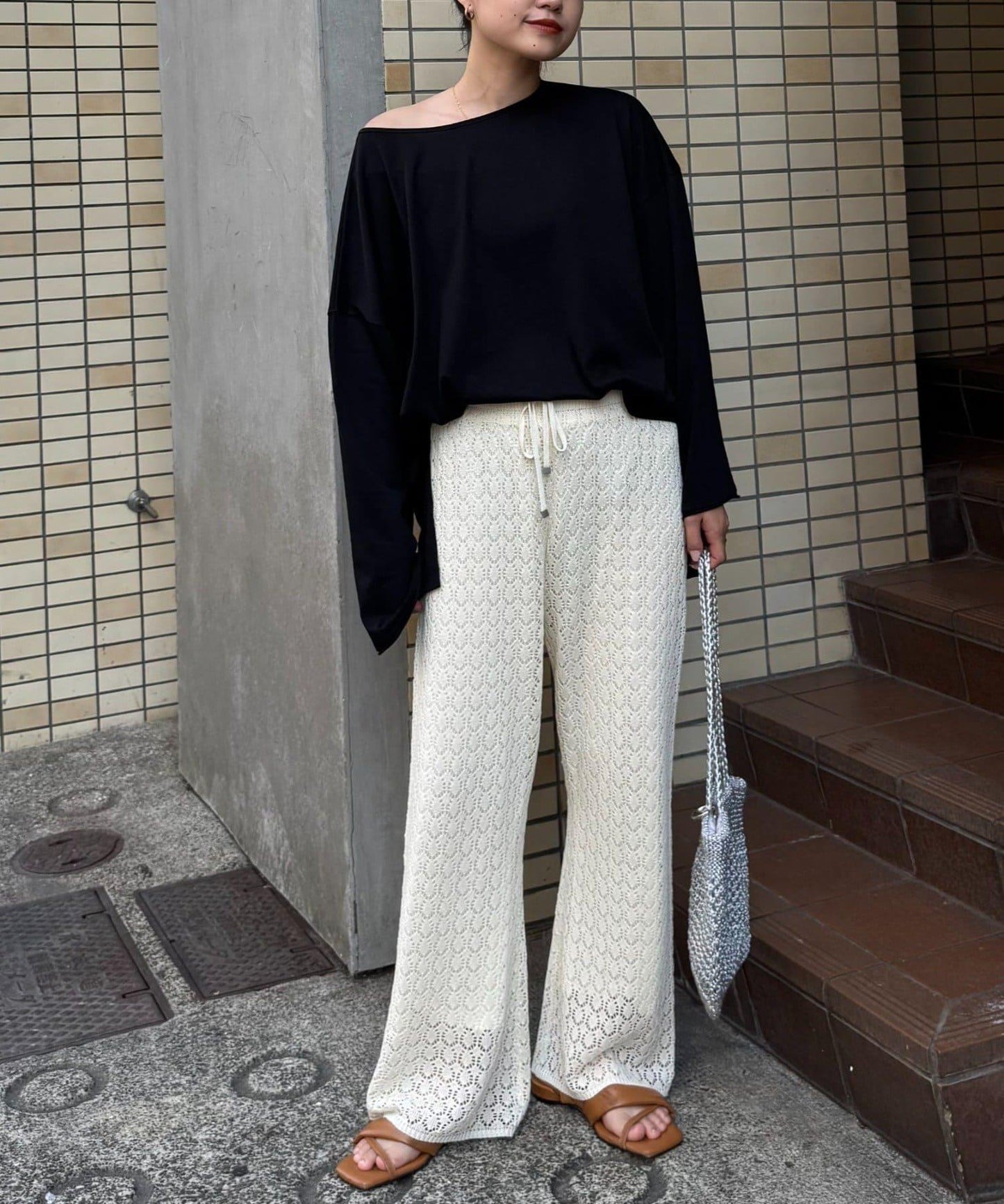 蕾絲針織闊腿褲