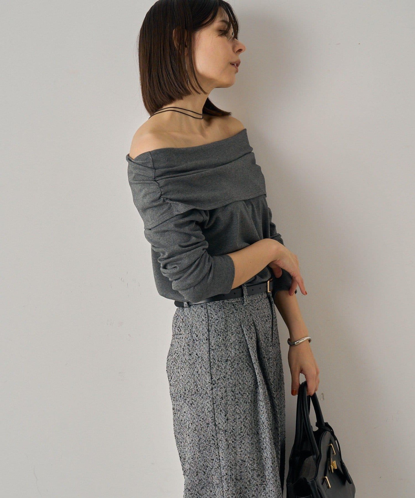 【Loungedress】一字肩褶皺針織衫