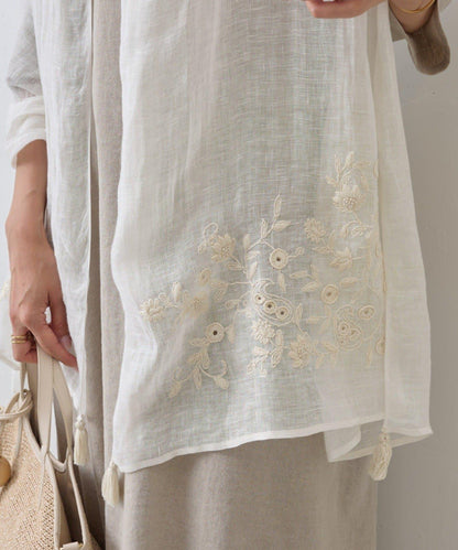 《柑橘》花朵刺繡流蘇圍巾
