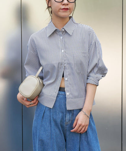 袖褶7分袖條紋襯衫