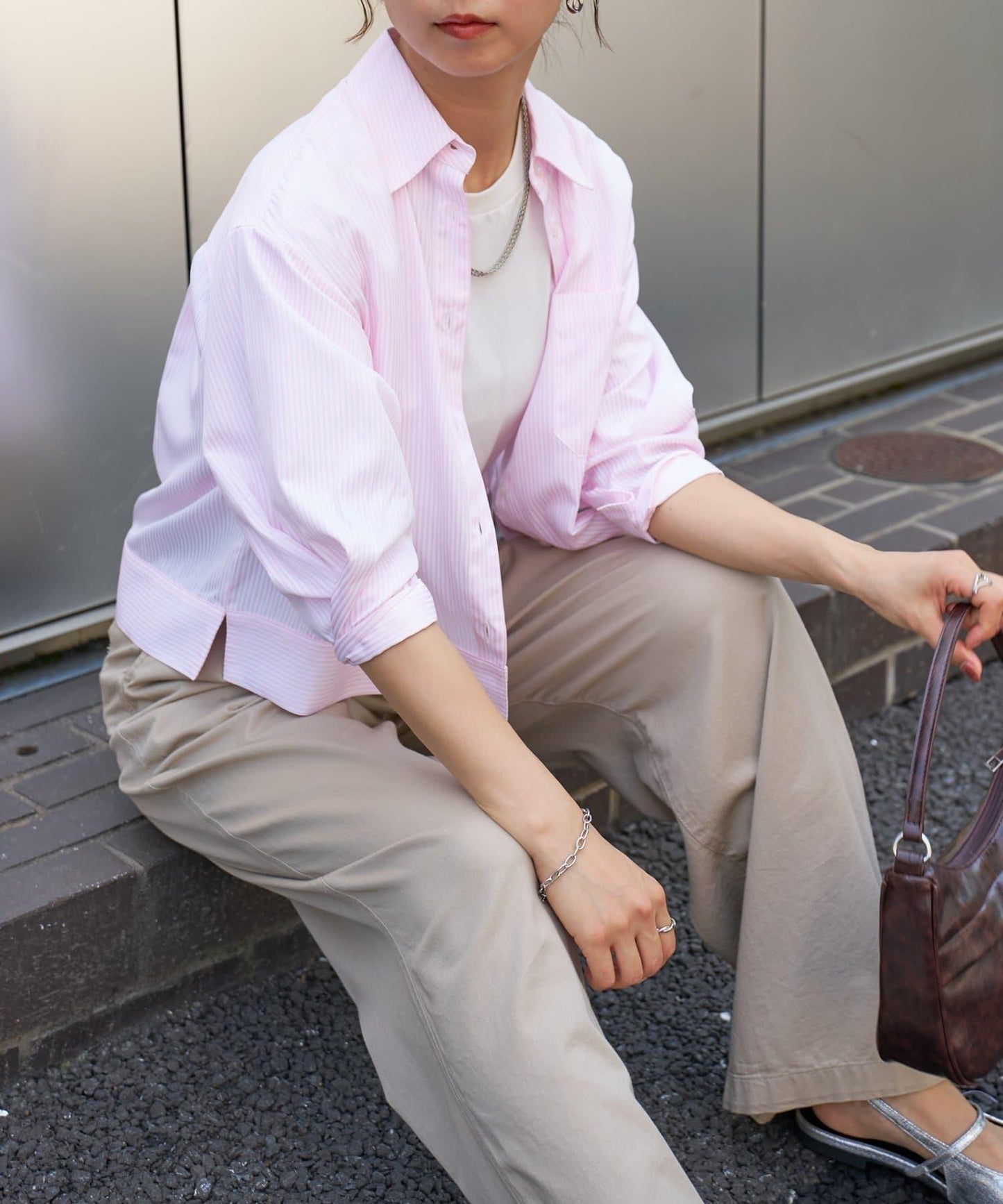 袖褶7分袖條紋襯衫