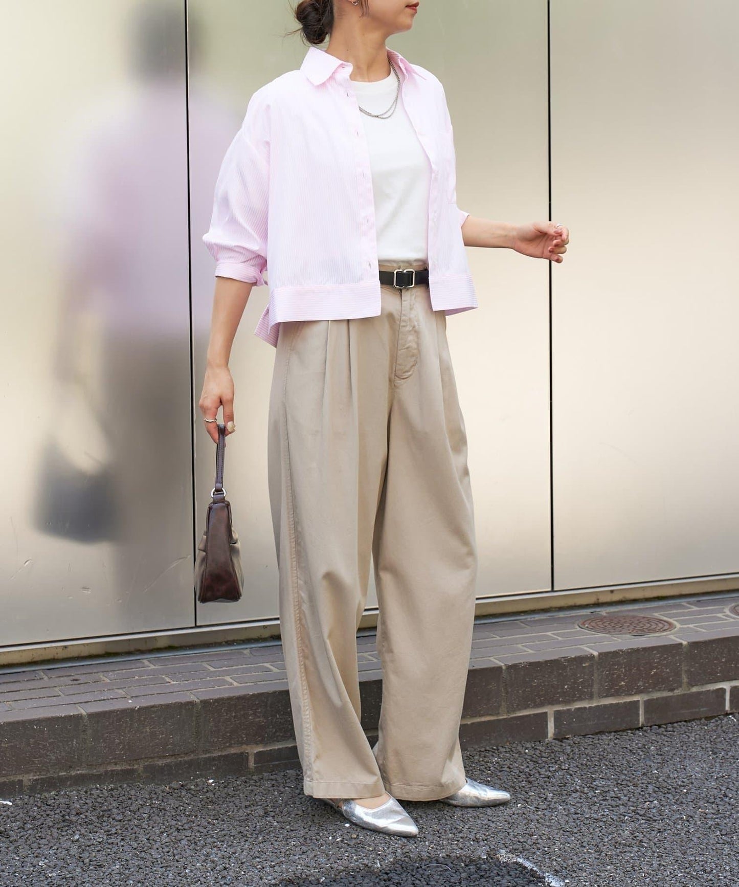 袖褶7分袖條紋襯衫