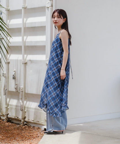 【肩帶可調節/內襯附】透視格紋不對稱連衣裙