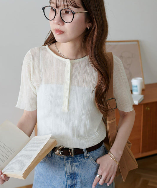 透紗羅紋亨利領五分袖針織上衣