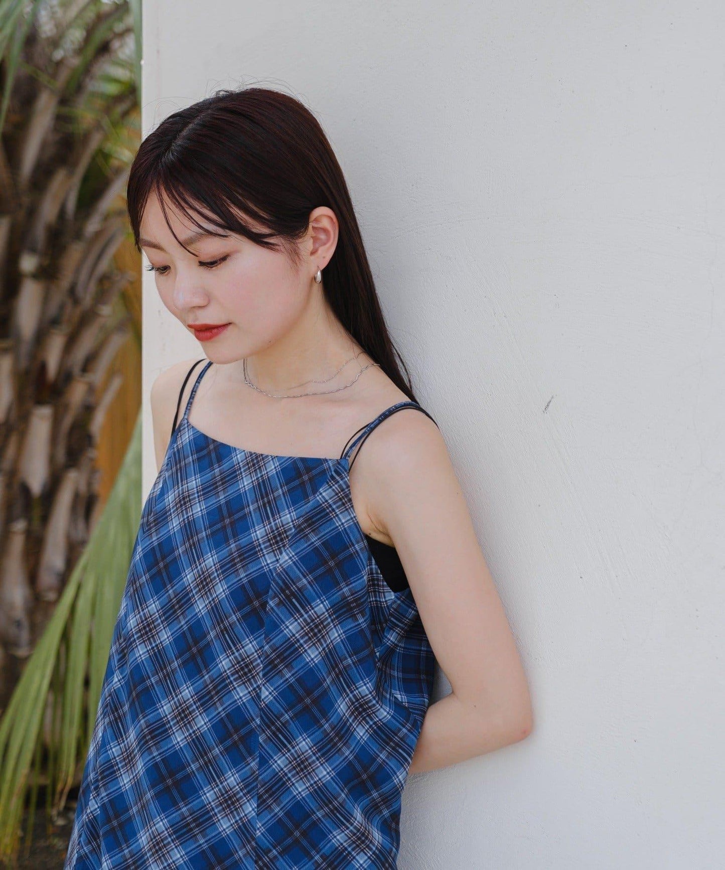 【肩帶可調節/內襯附】透視格紋不對稱連衣裙