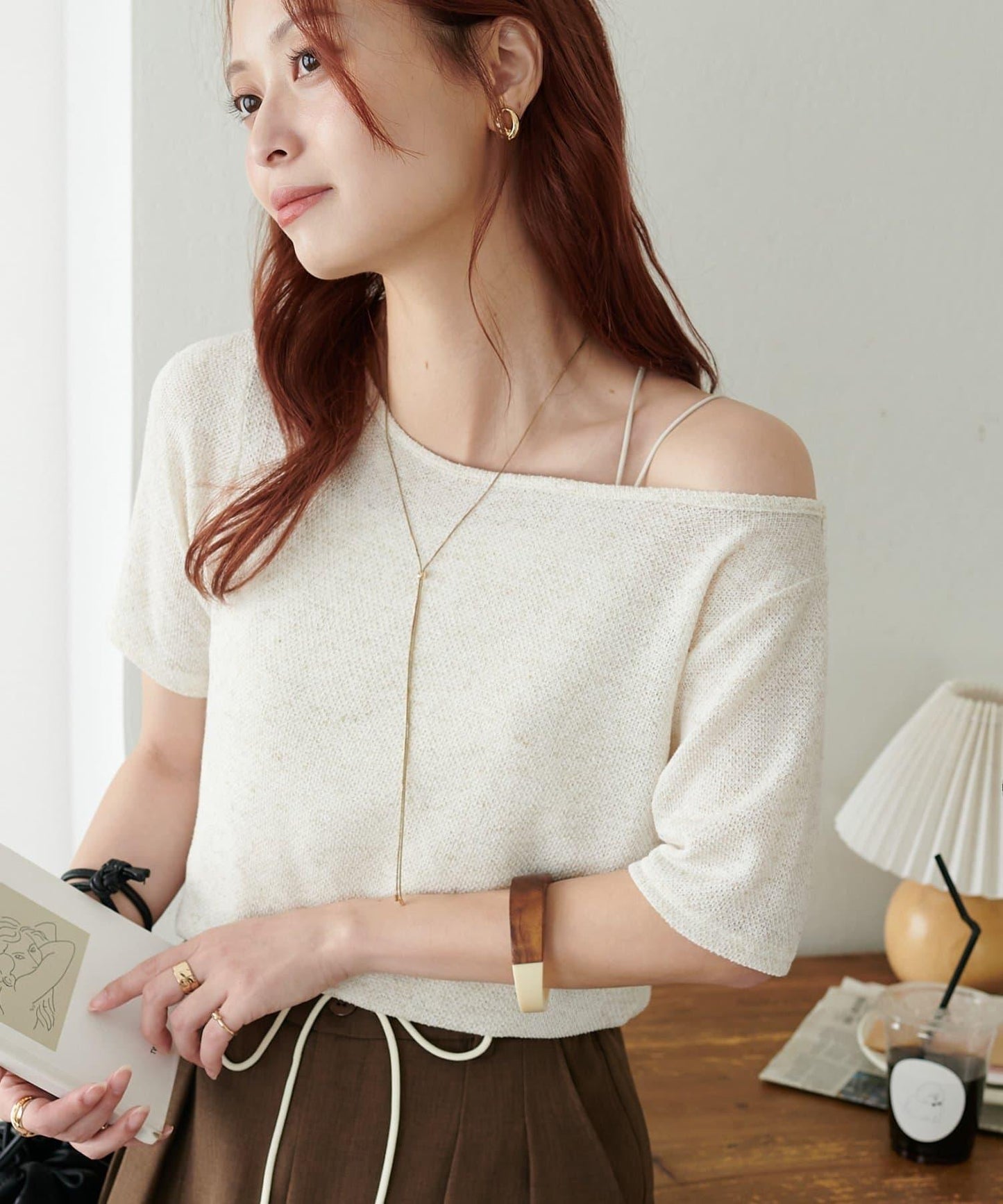 2WAY 單肩五分袖 針織上衣