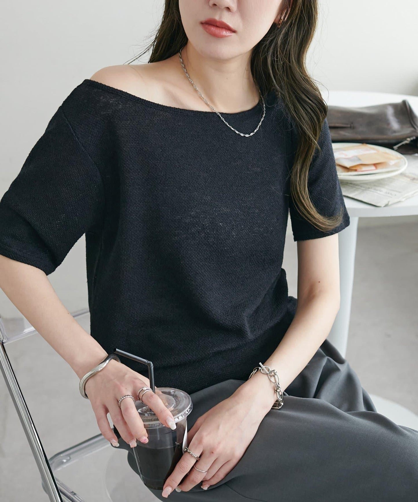 2WAY 單肩五分袖 針織上衣