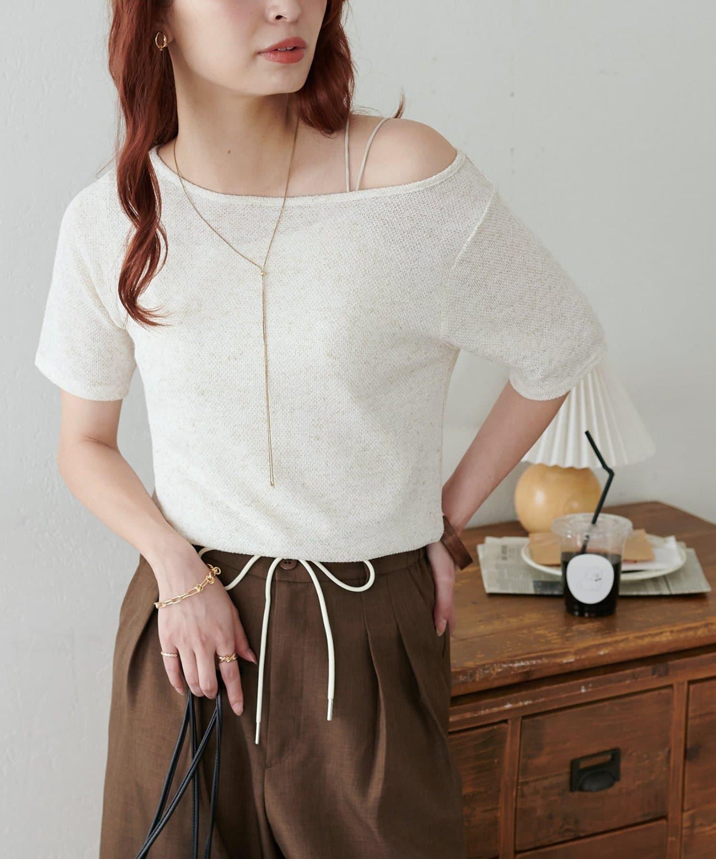 2WAY 單肩五分袖 針織上衣