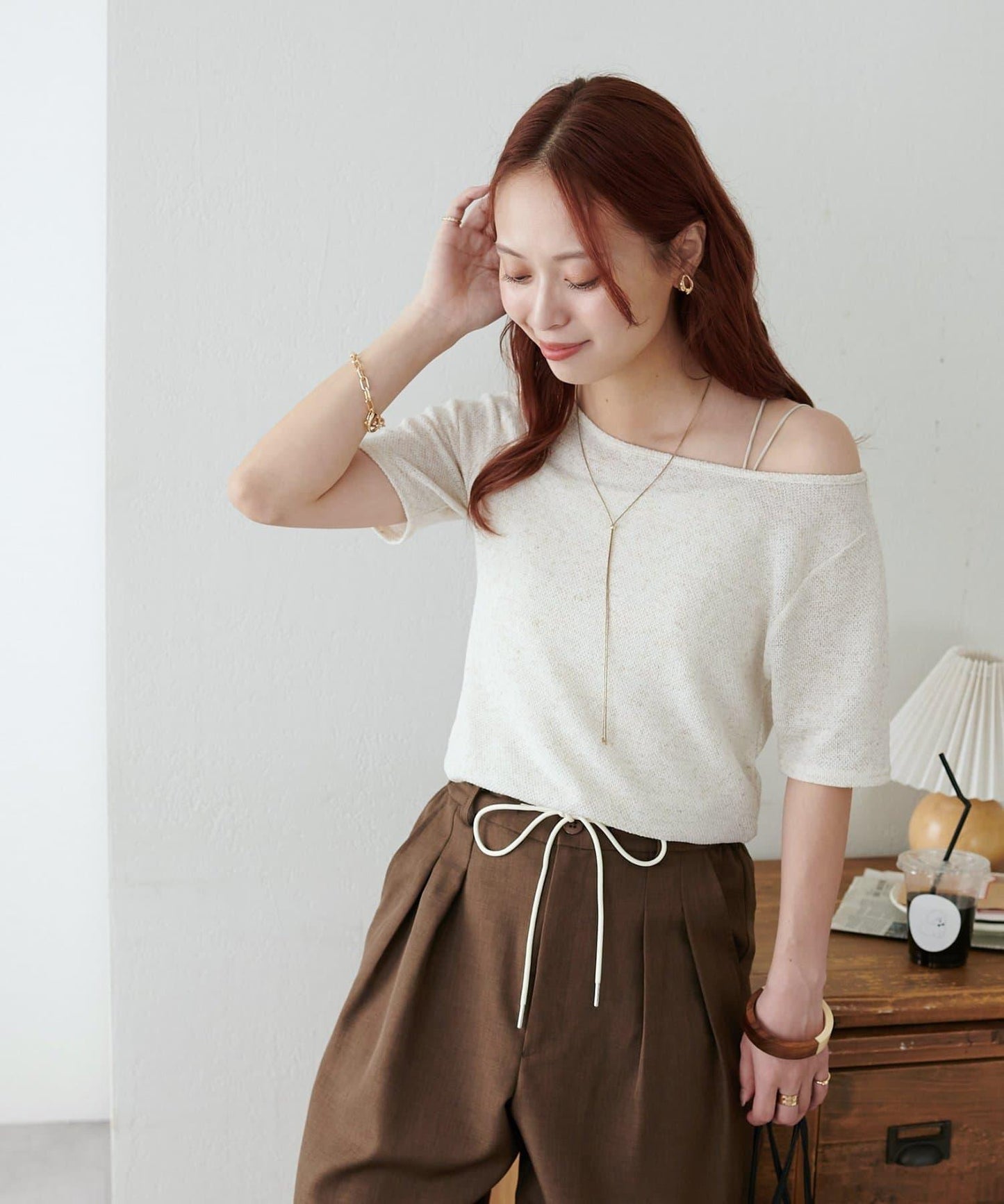 2WAY 單肩五分袖 針織上衣