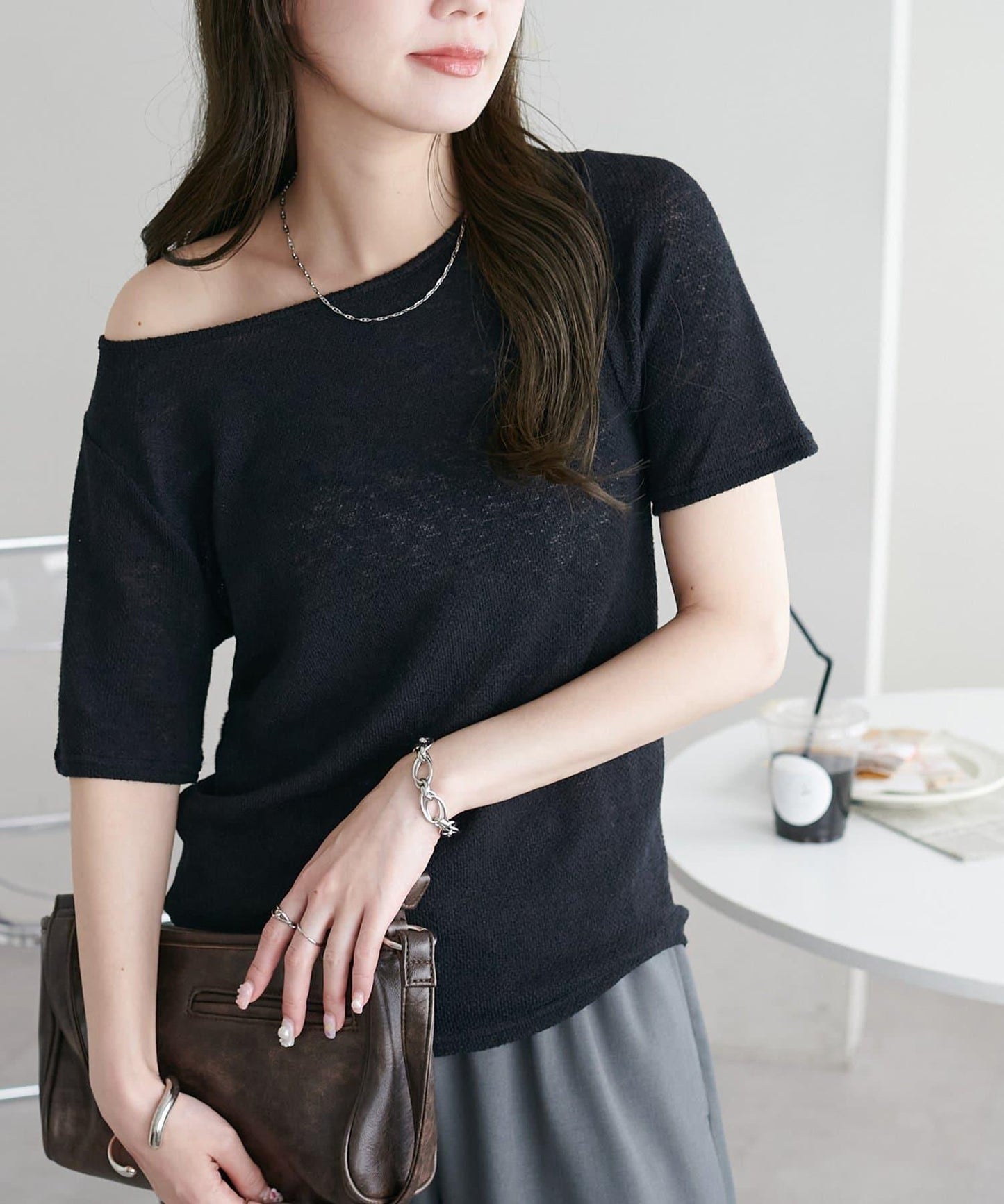 2WAY 單肩五分袖 針織上衣