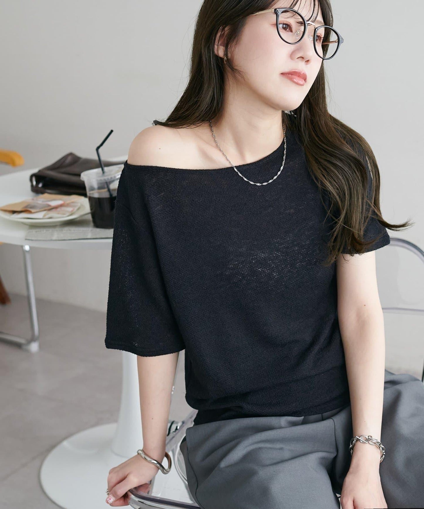 2WAY 單肩五分袖 針織上衣