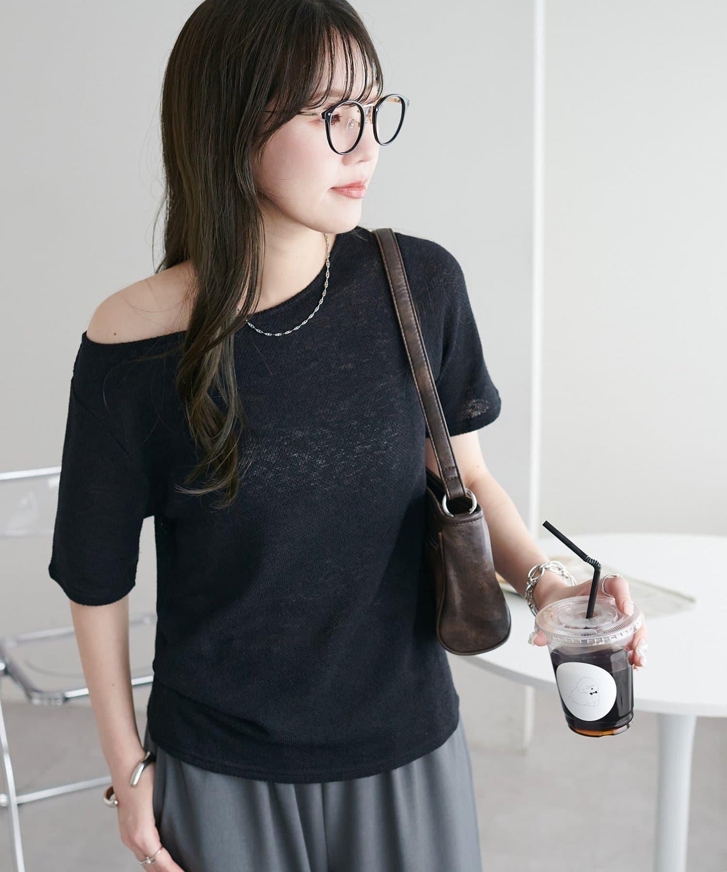 2WAY 單肩五分袖 針織上衣