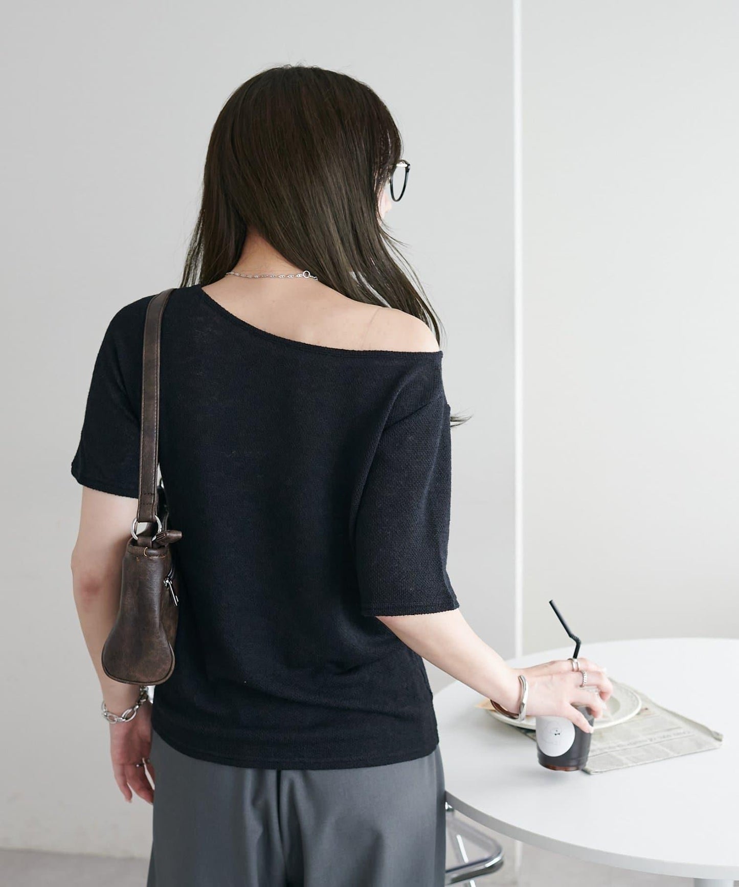 2WAY 單肩五分袖 針織上衣