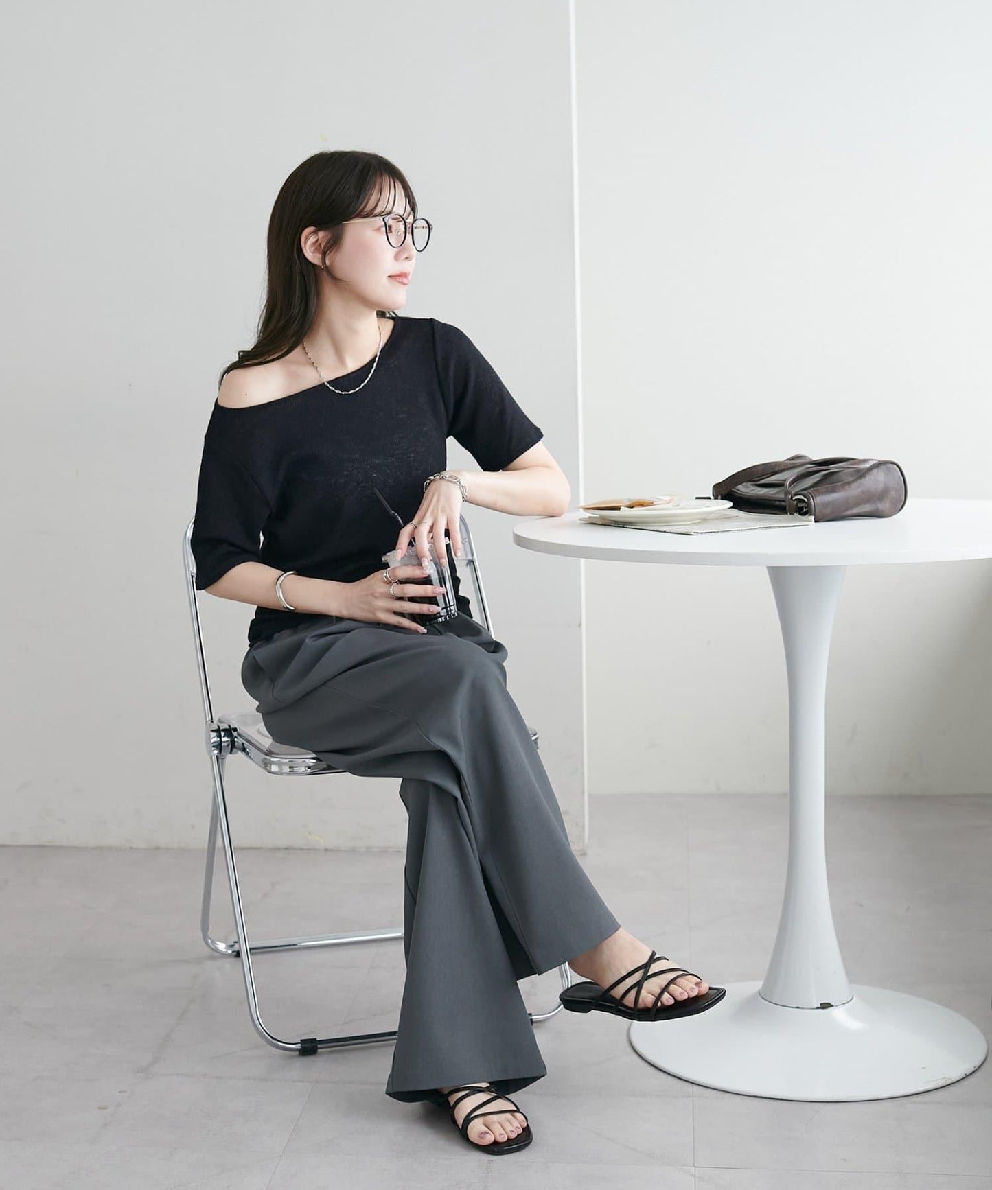 2WAY 單肩五分袖 針織上衣