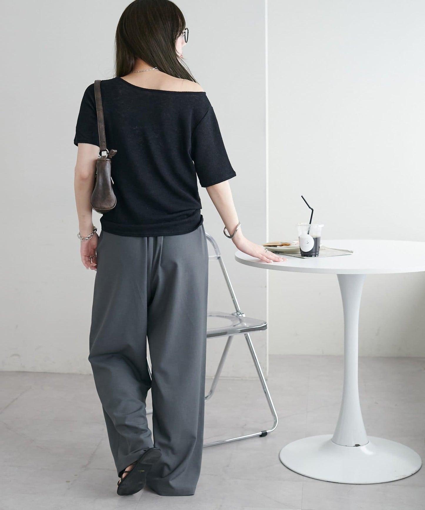 2WAY 單肩五分袖 針織上衣