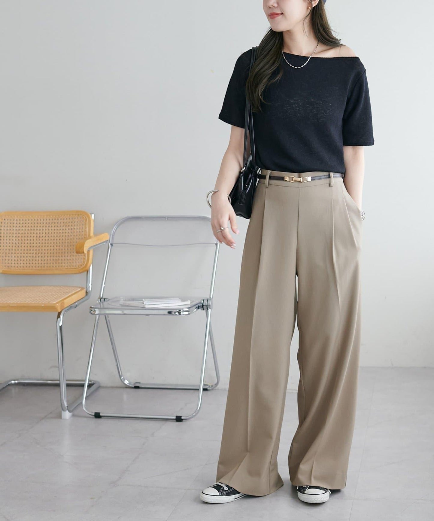 2WAY 單肩五分袖 針織上衣