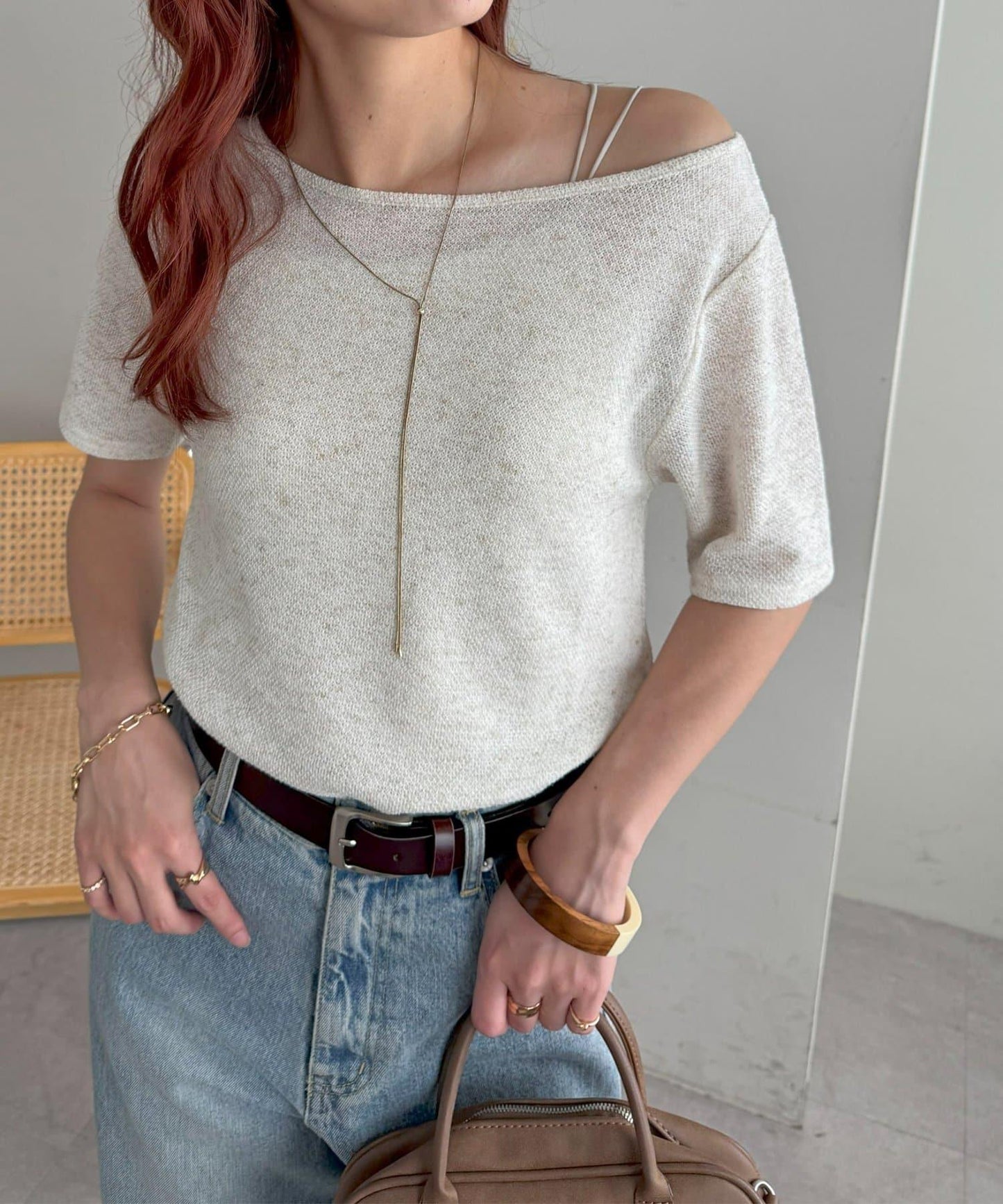 2WAY 單肩五分袖 針織上衣