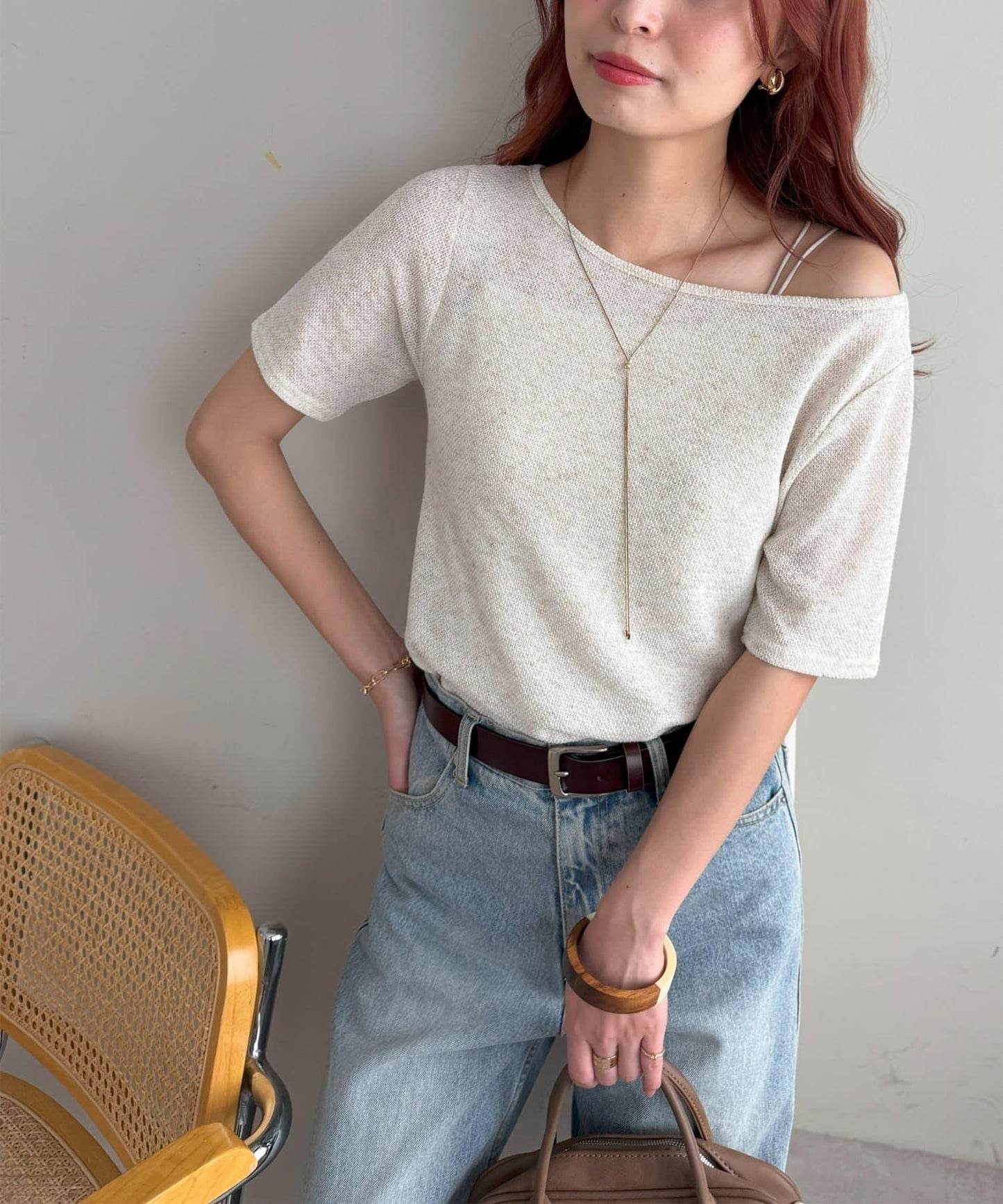 2WAY 單肩五分袖 針織上衣