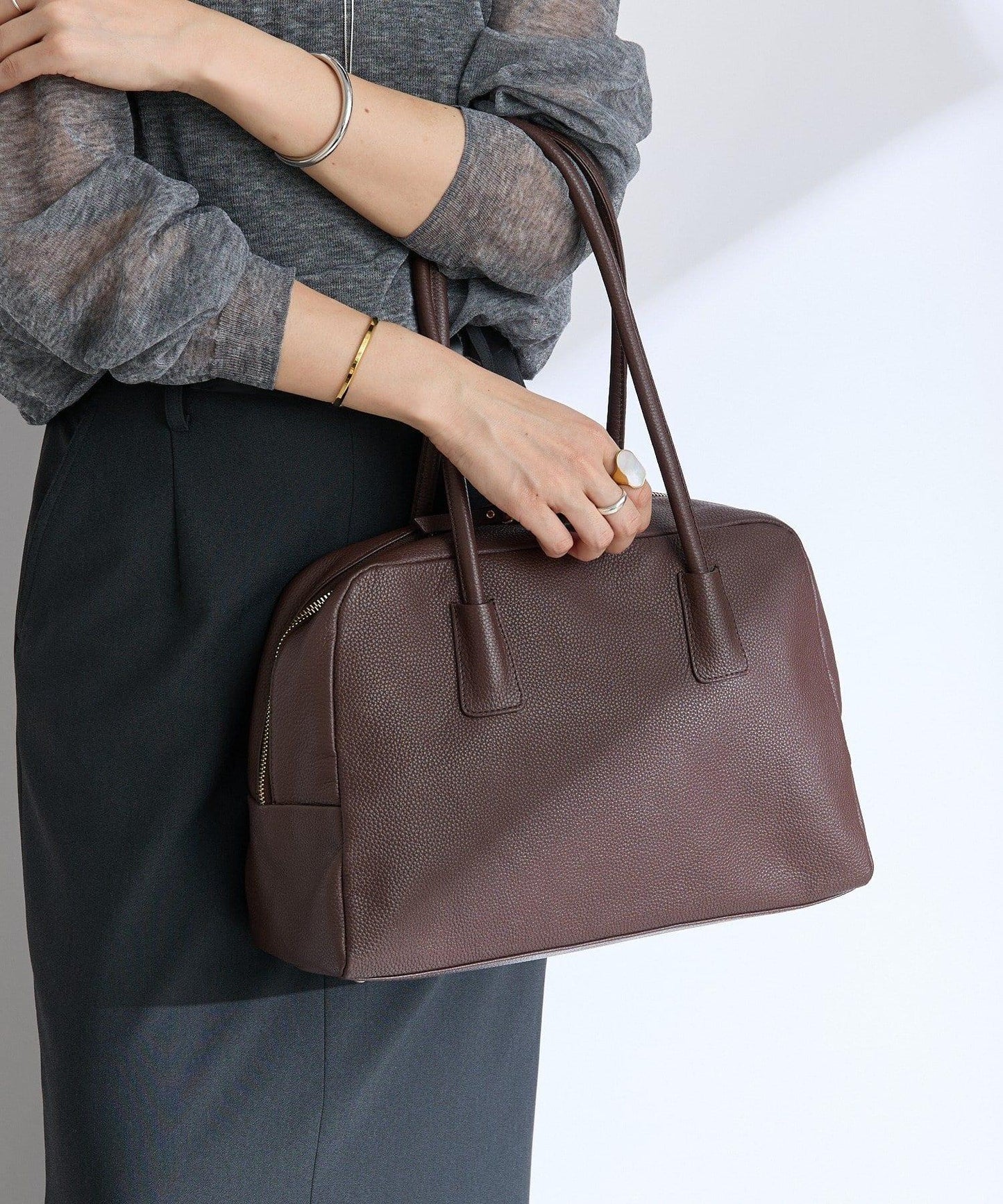 【收納力◎】長把手皮質波士頓包