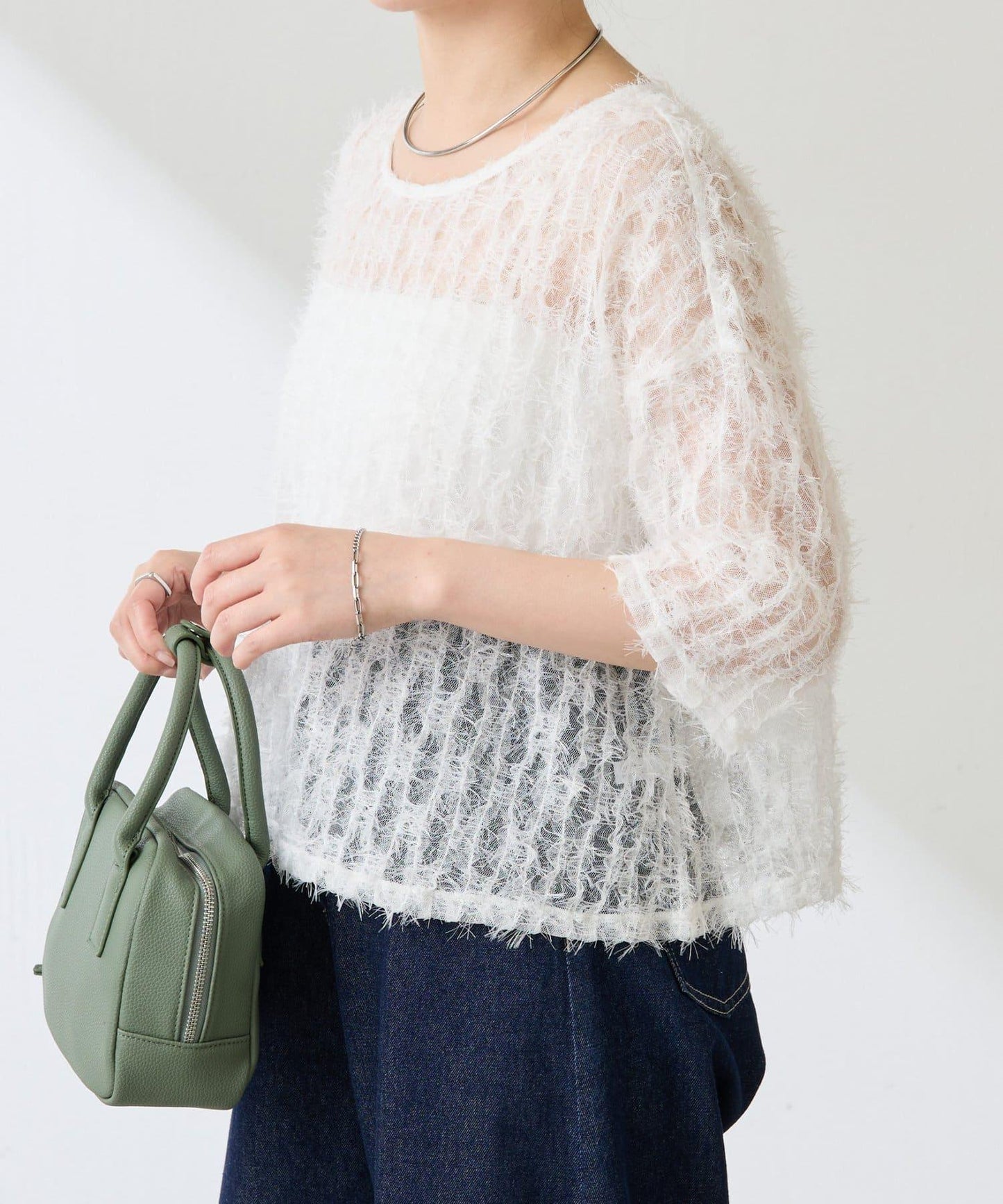 【夏季可穿著的七分袖】流蘇透視T恤