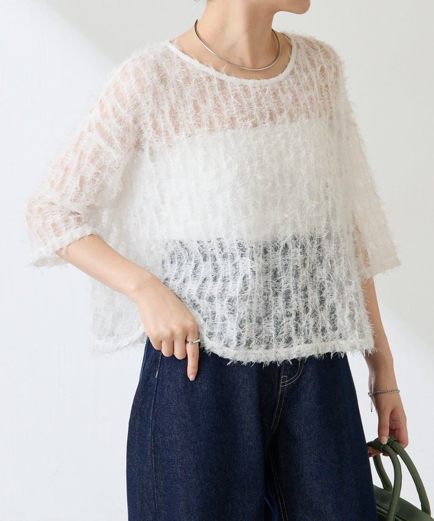【夏季可穿著的七分袖】流蘇透視T恤