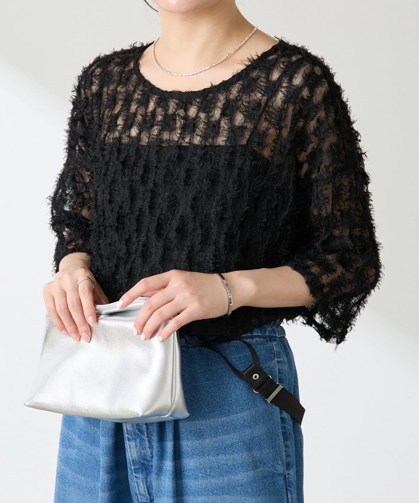 【夏季可穿著的七分袖】流蘇透視T恤