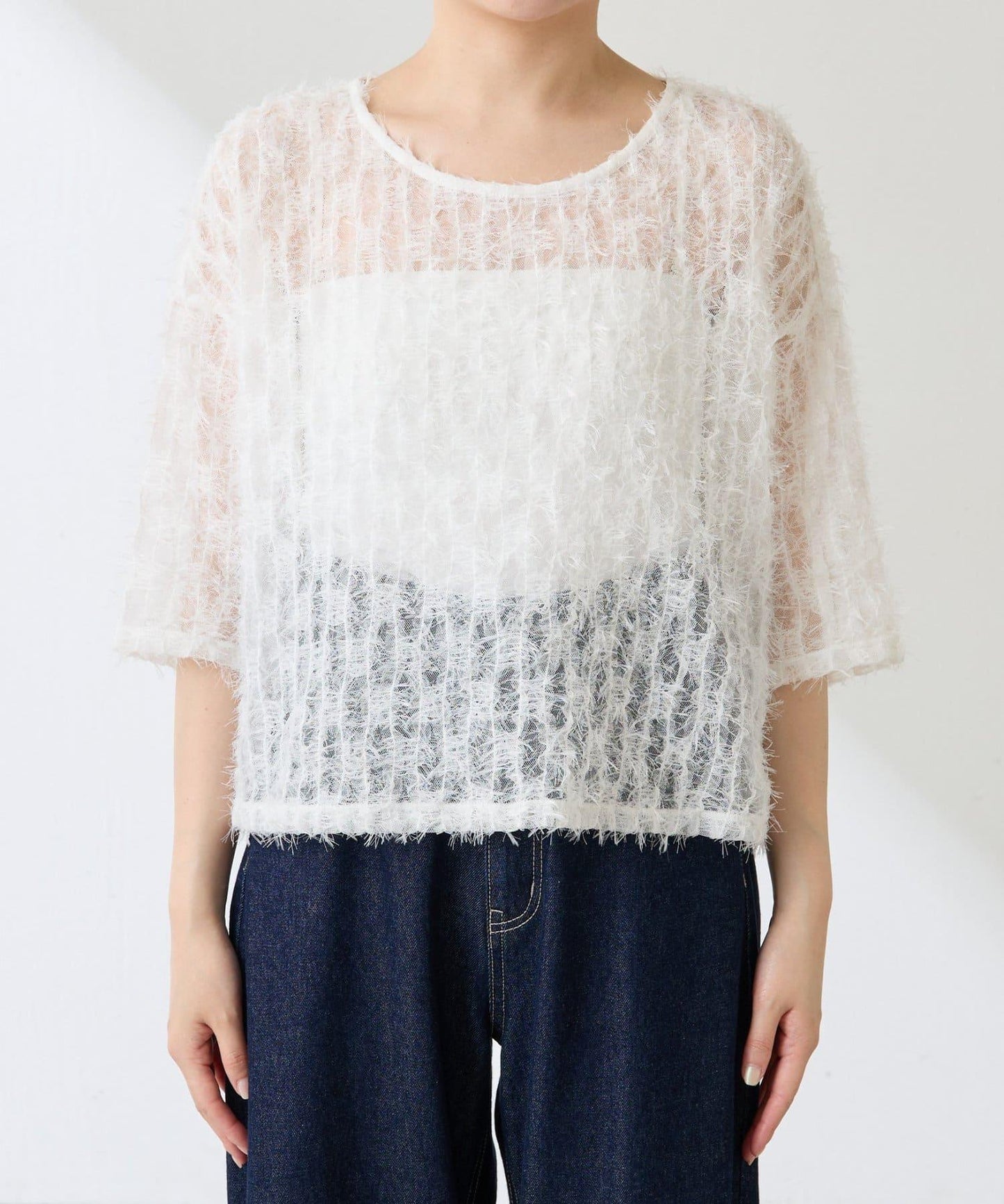 【夏季可穿著的七分袖】流蘇透視T恤