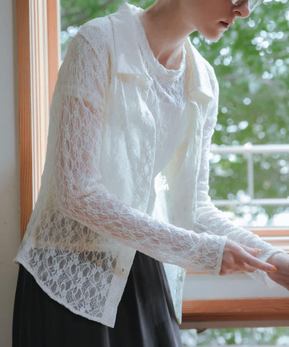 彈力蕾絲襯衫領上衣