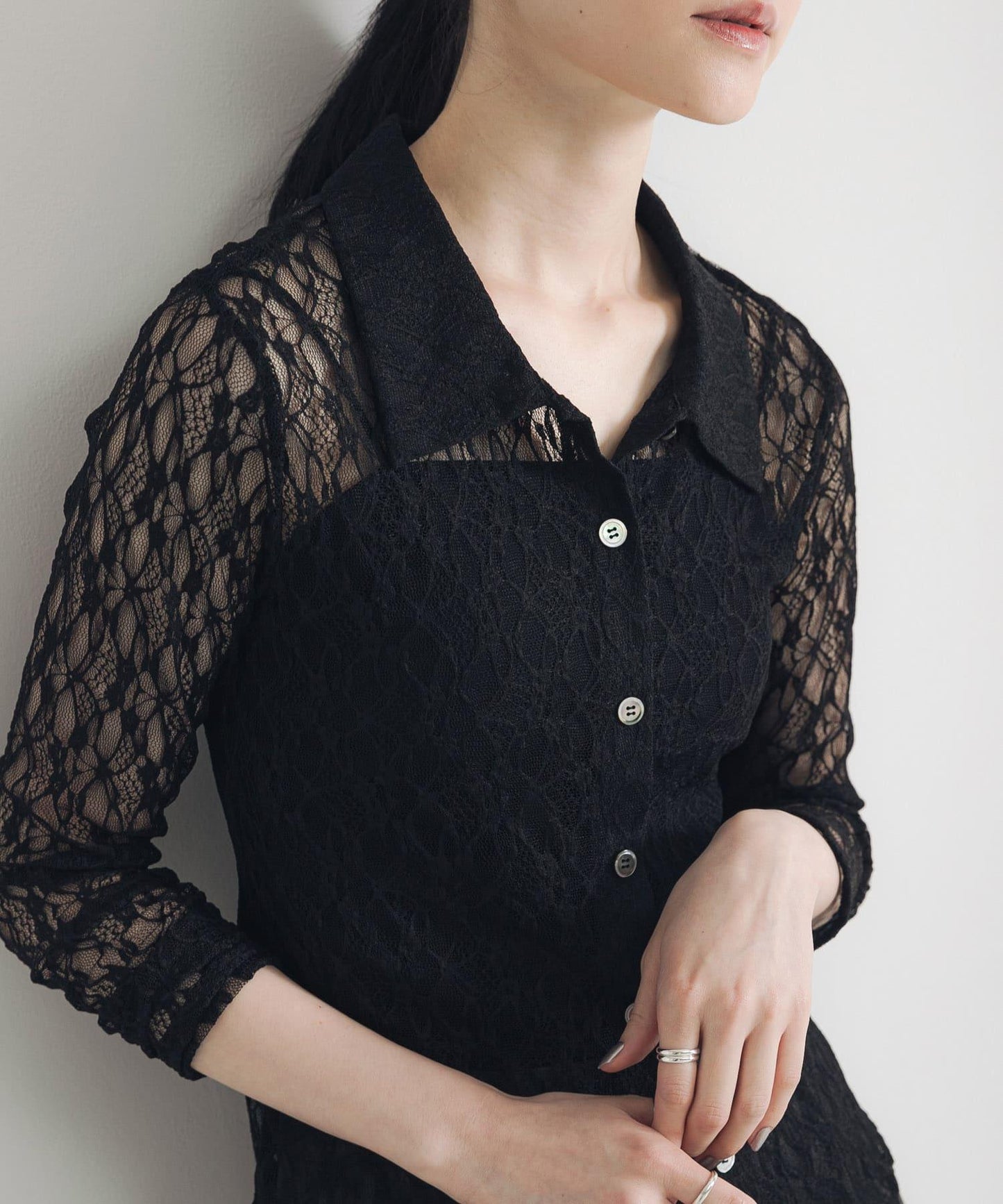 彈力蕾絲襯衫領上衣