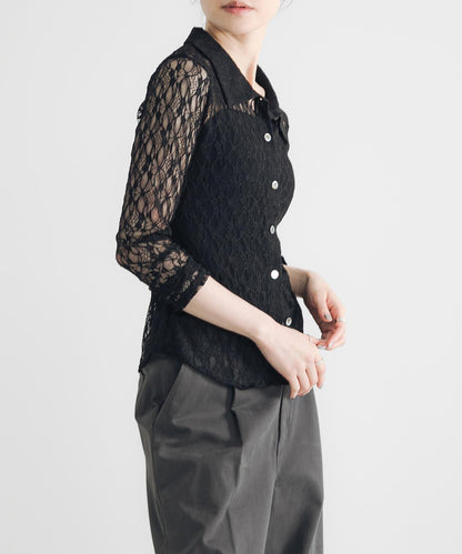 彈力蕾絲襯衫領上衣