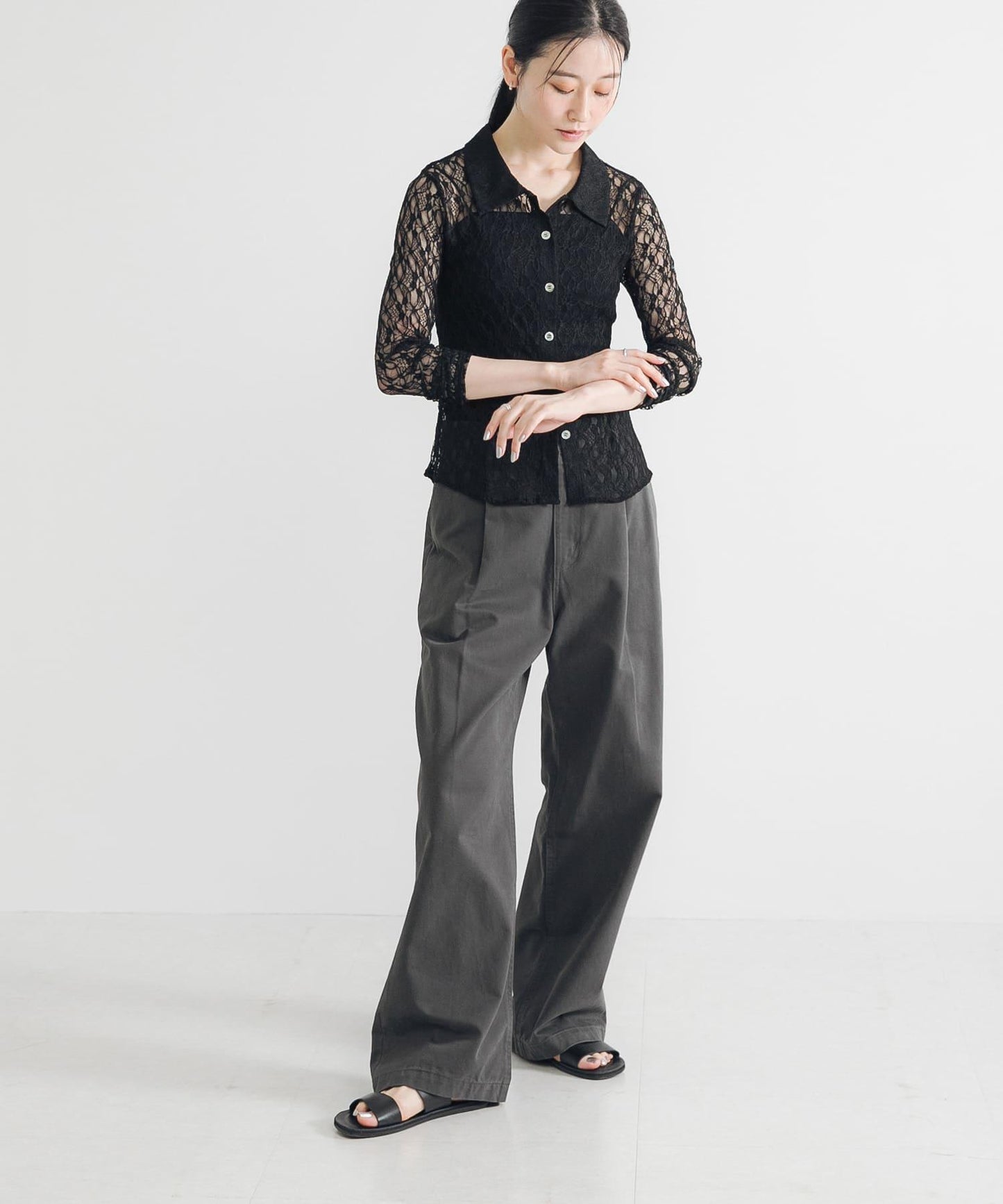 彈力蕾絲襯衫領上衣