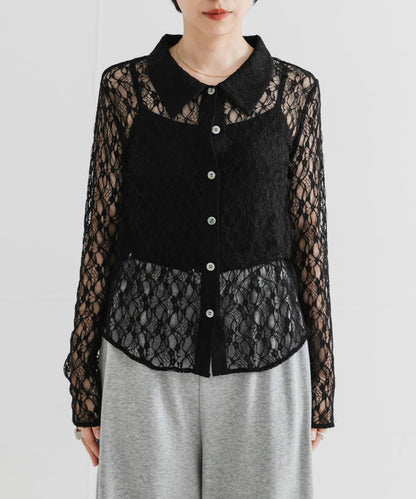 彈力蕾絲襯衫領上衣