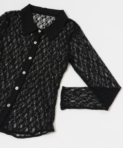 彈力蕾絲襯衫領上衣