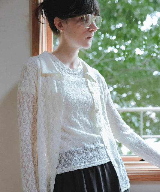 彈力蕾絲襯衫領上衣