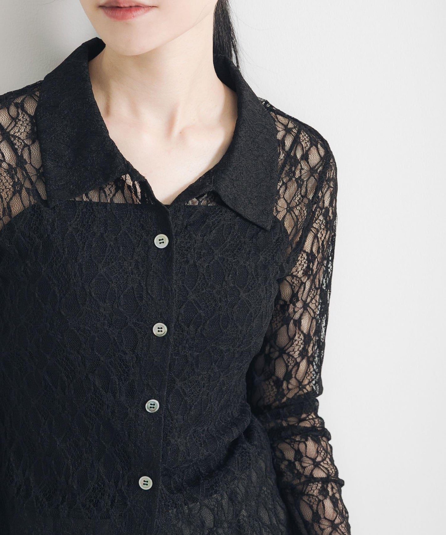 彈力蕾絲襯衫領上衣