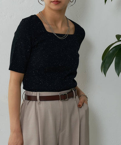 網眼方形領5分袖套頭衫